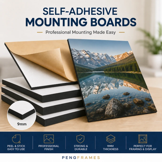 Self-adhesive mounting board for professional picture framing