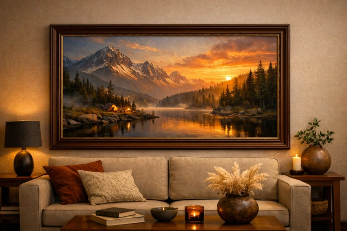 A beautifully framed artwork on a modern living room wall with warm lighting.