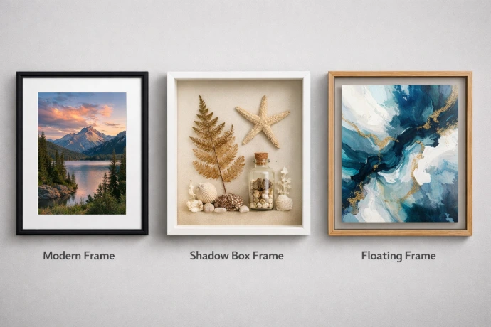 Different picture frames displayed on a wall showing Modern, Shadow-box, and Floating Frames styles side by side.
