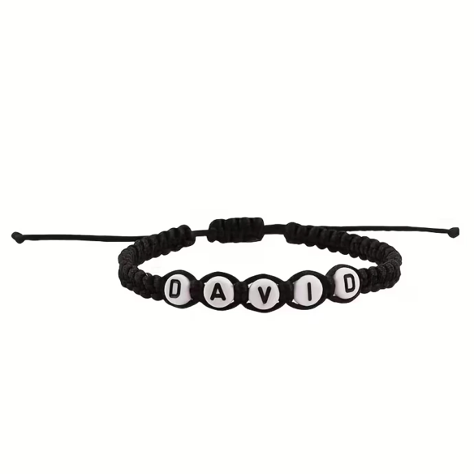 Black adjustable personalized bracelet featuring the name DAVID using premium alphabet beads.