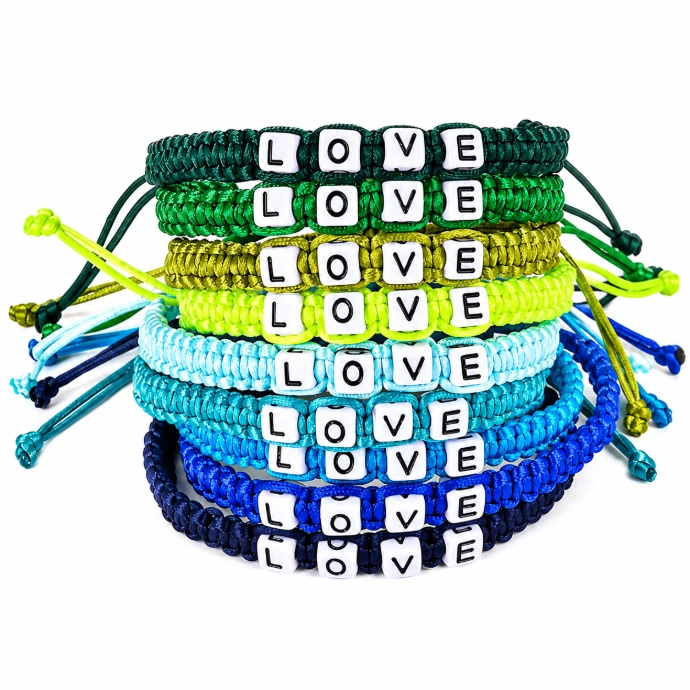 Premium personalized adjustable letter bracelets in multiple colors with LOVE lettering.